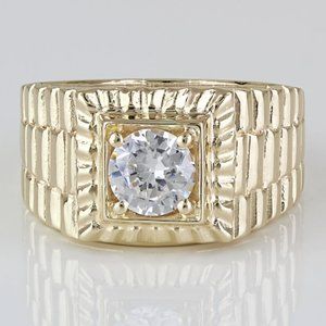Men's 10k Yellow Gold Cubic Zirconia Solitaire Watch Style Pinkie Ring
